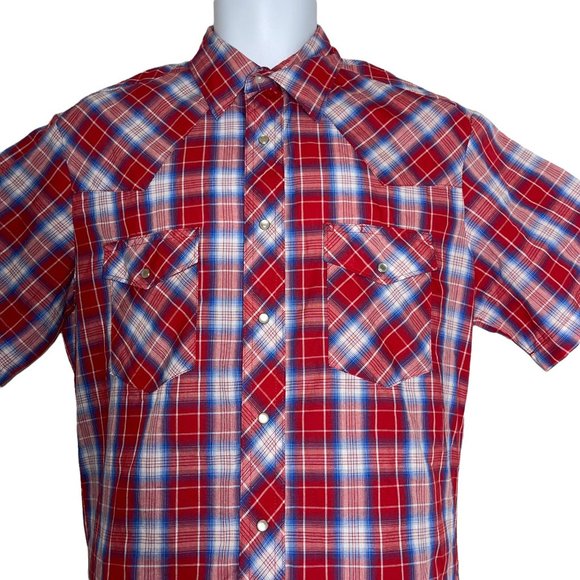 Wrangler Pearl Snap Red White Blue Patriotic USA Light Plaid Western Shirt M - Picture 2 of 10